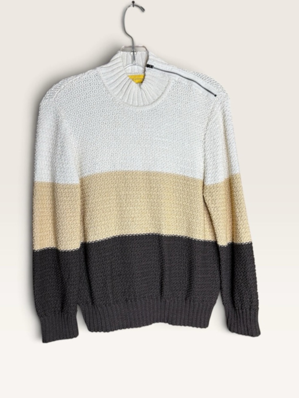 St. John M Colorblock Cotton Knit Sweater Shoulder Zip Cream Tan Brown